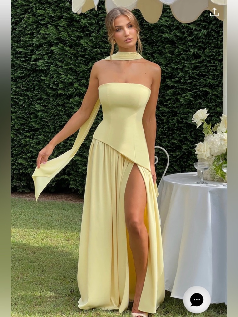 BabyBoo Maliyah Strapless Pale Yellow High-Slit Evening Dress with Neck Scarf